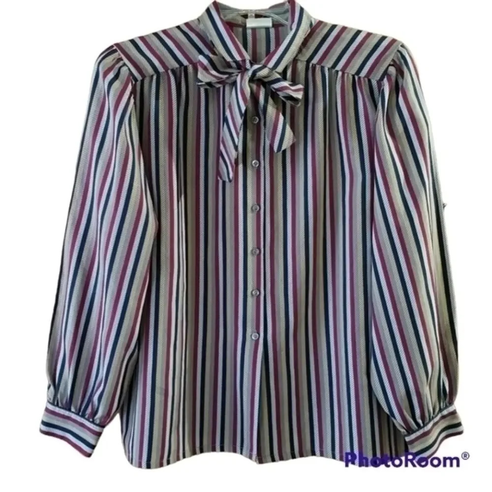 Koret Vintage Exaggerated Sleeve Stripe Button Down Bow Tie Blouse